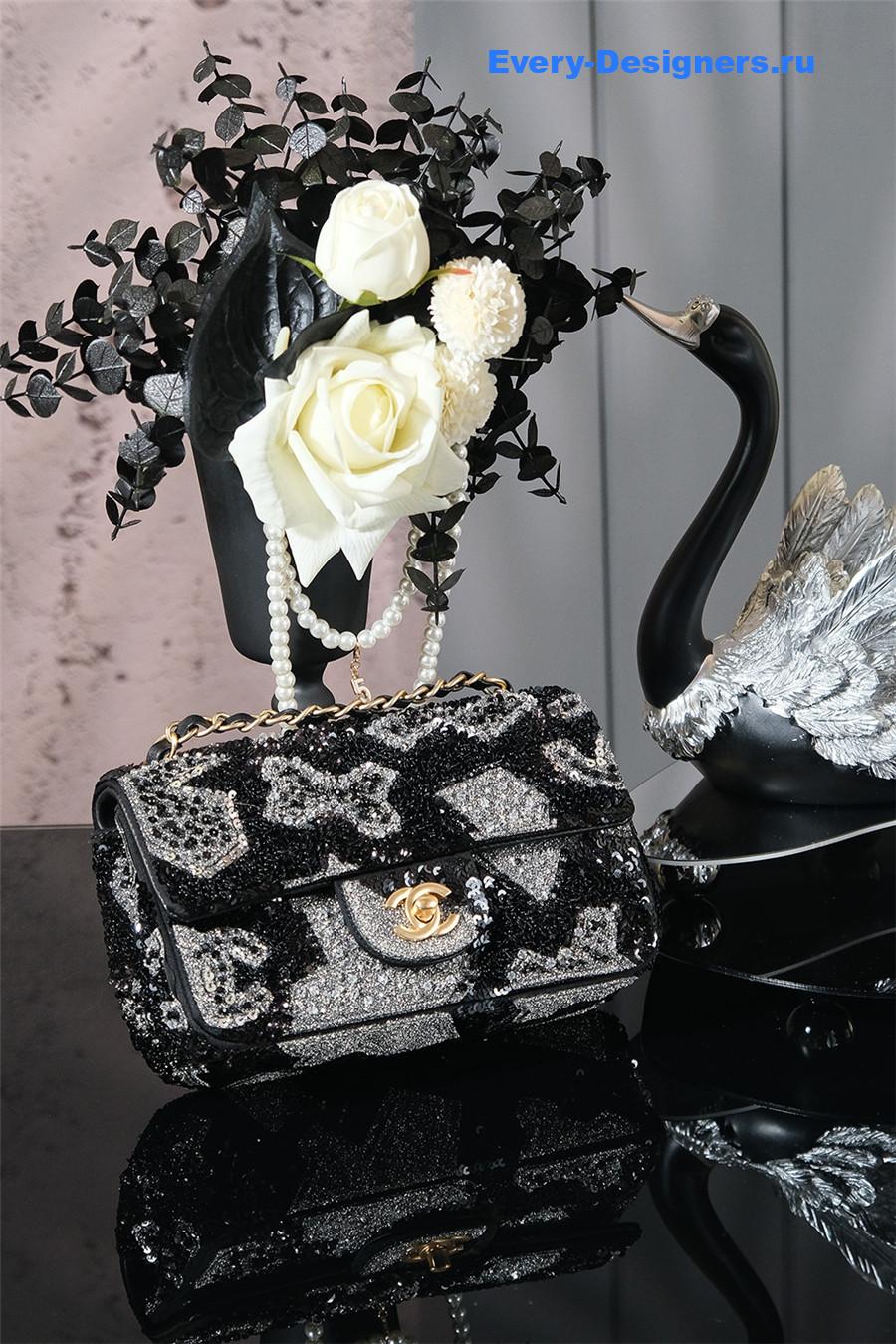 Ch**el black satin sequin embellished flap bag