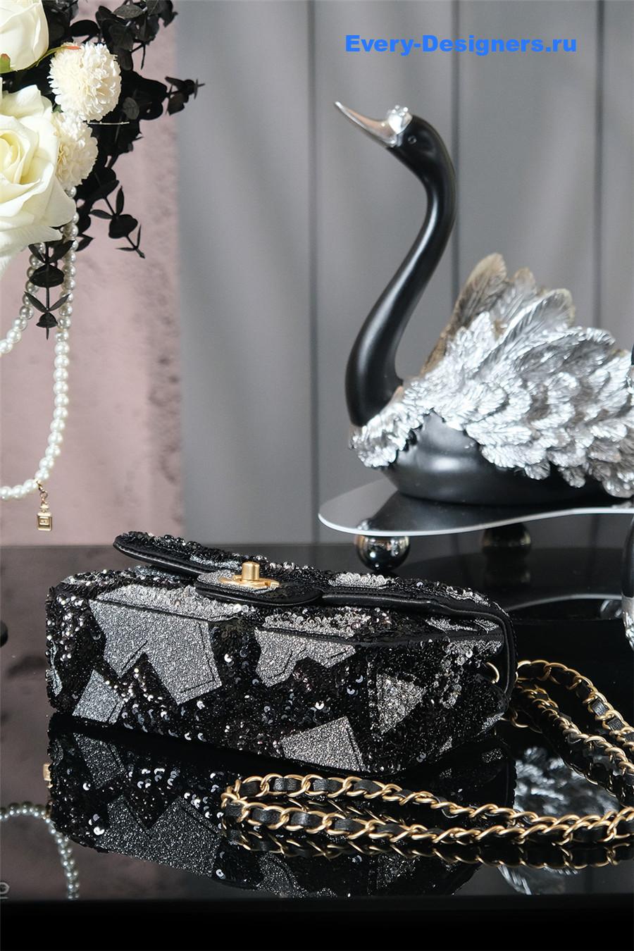 Ch**el black satin sequin embellished flap bag
