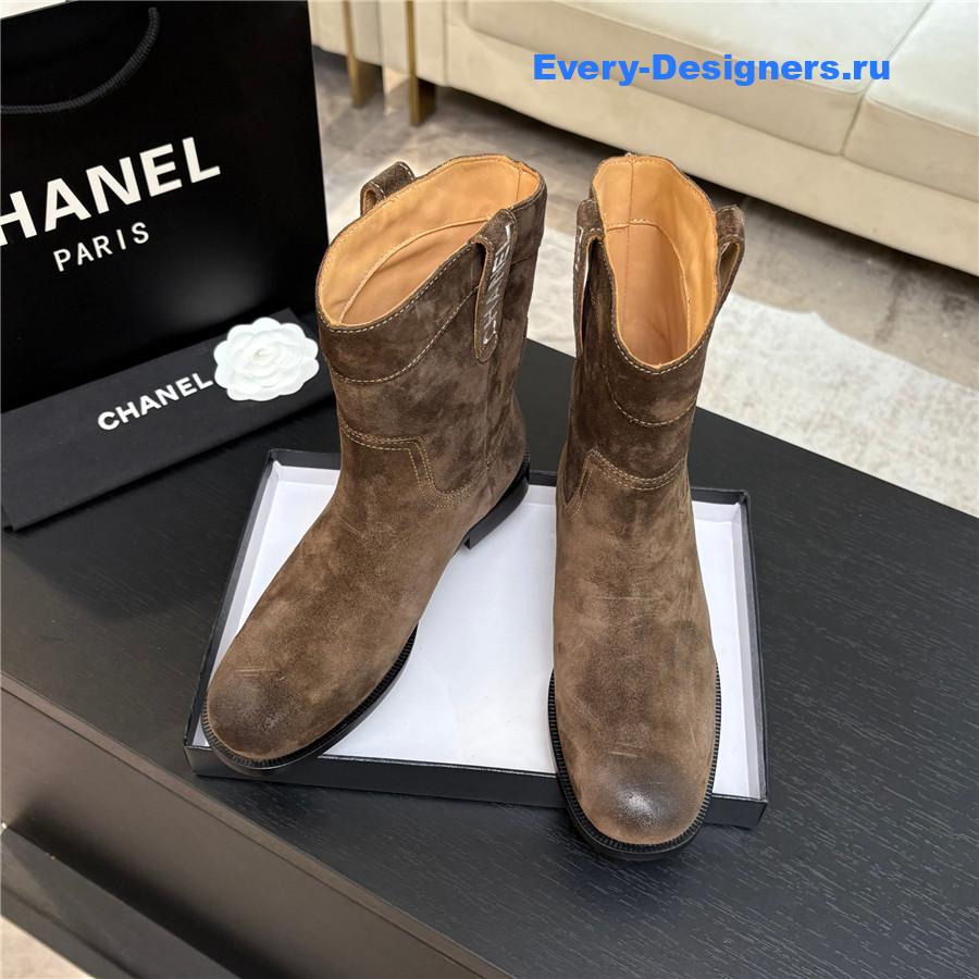 Ch**el cc brown suede block heel ankle boots