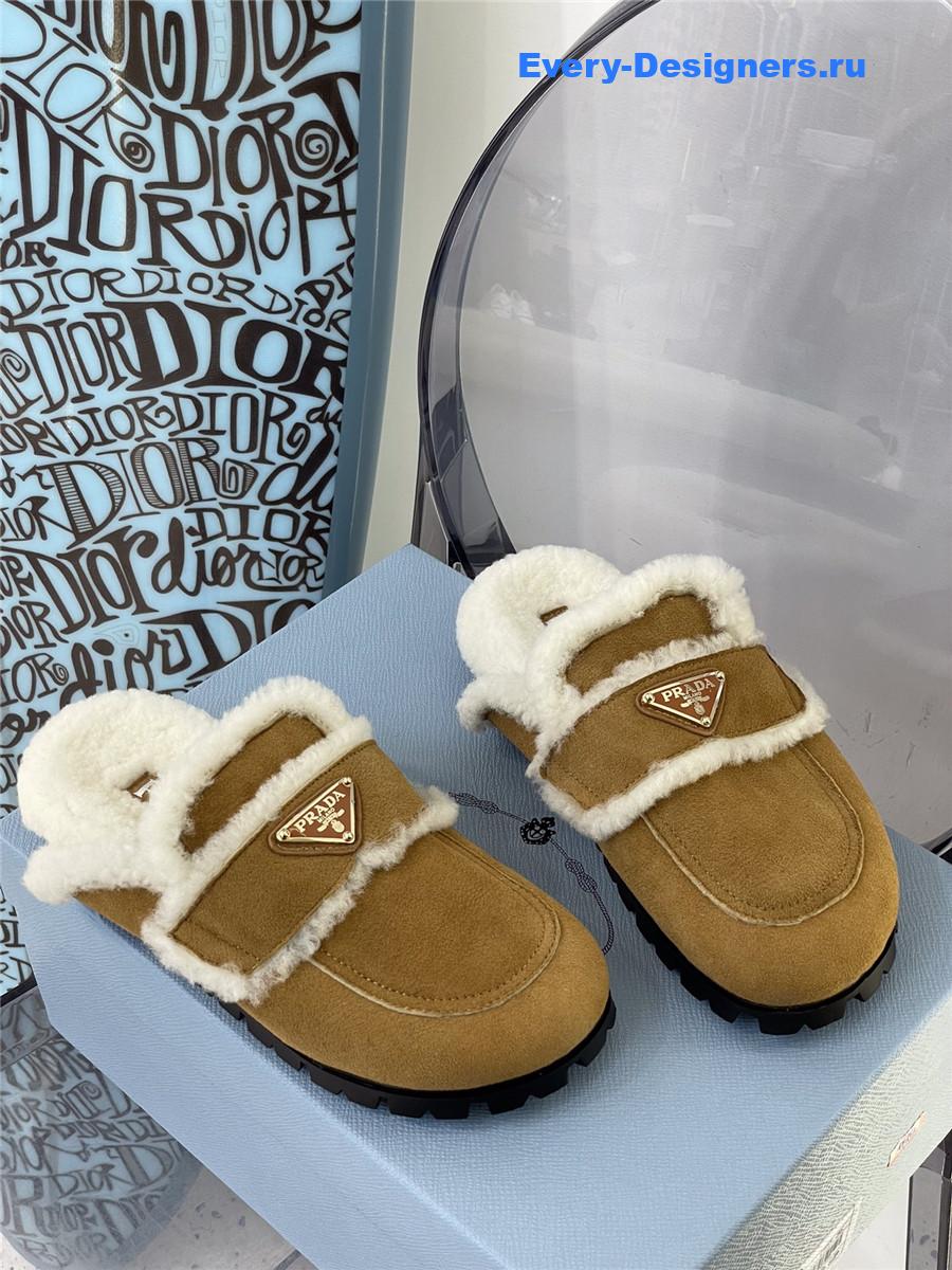 Pra*a brown flat shearling fur-lined mules