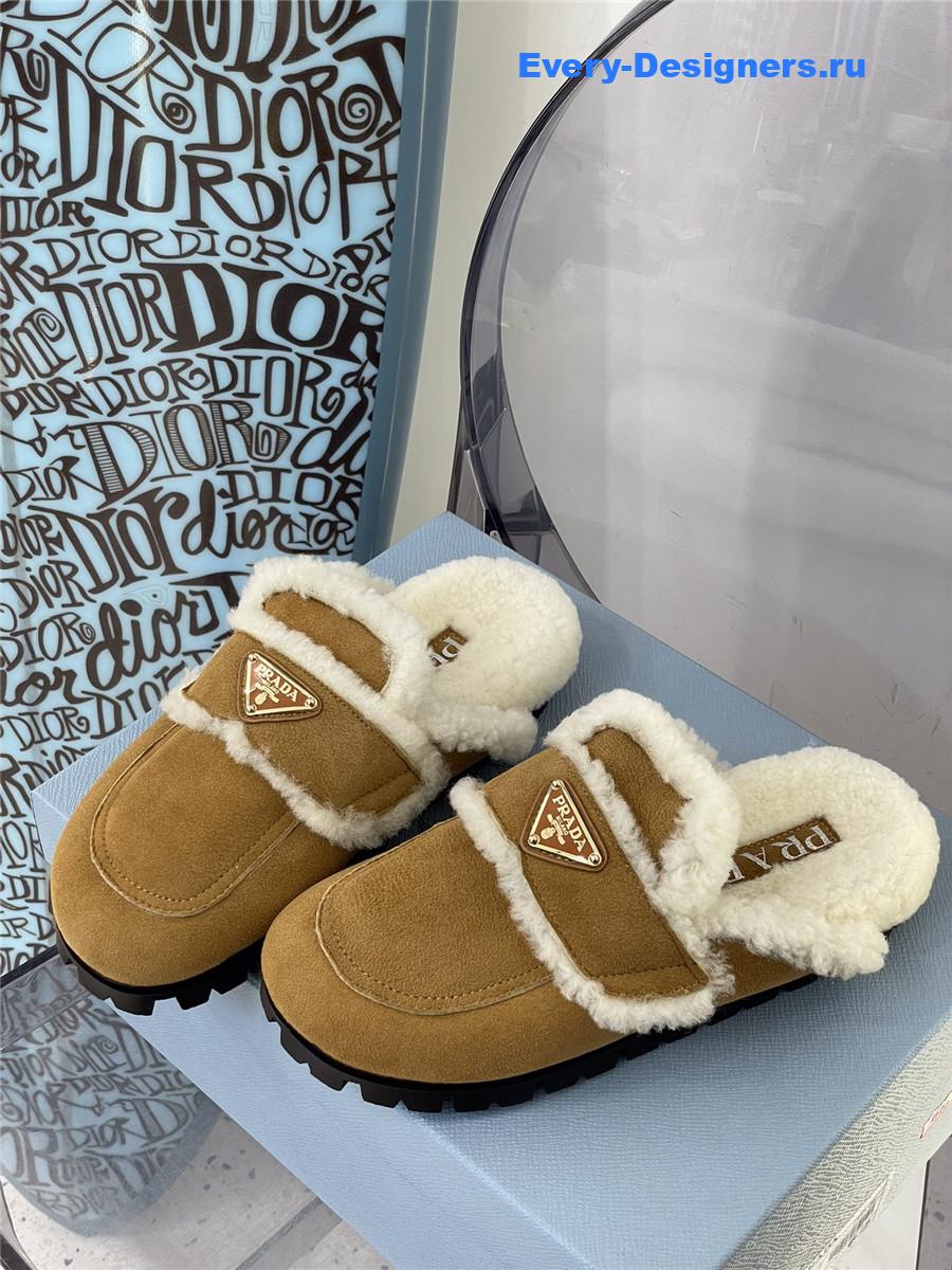 Pra*a brown flat shearling fur-lined mules