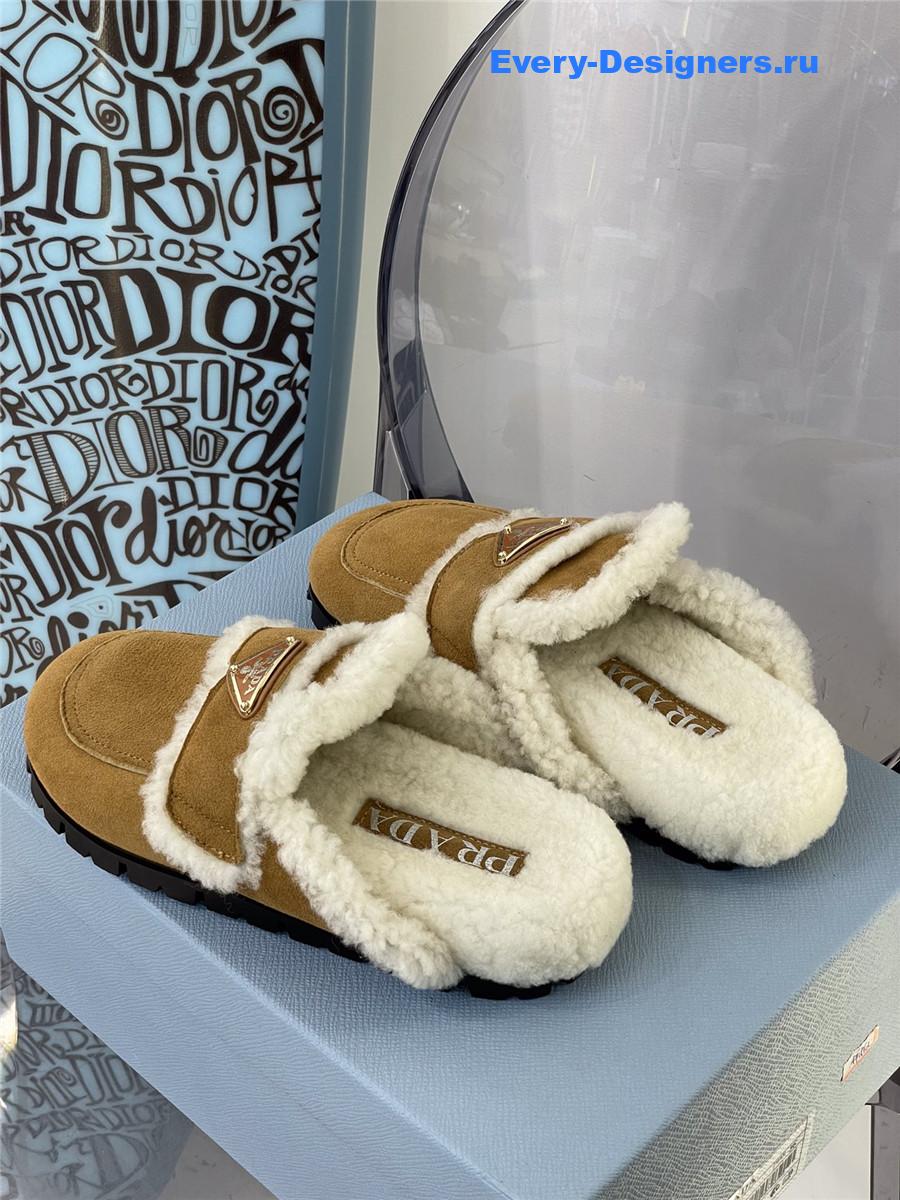 Pra*a brown flat shearling fur-lined mules