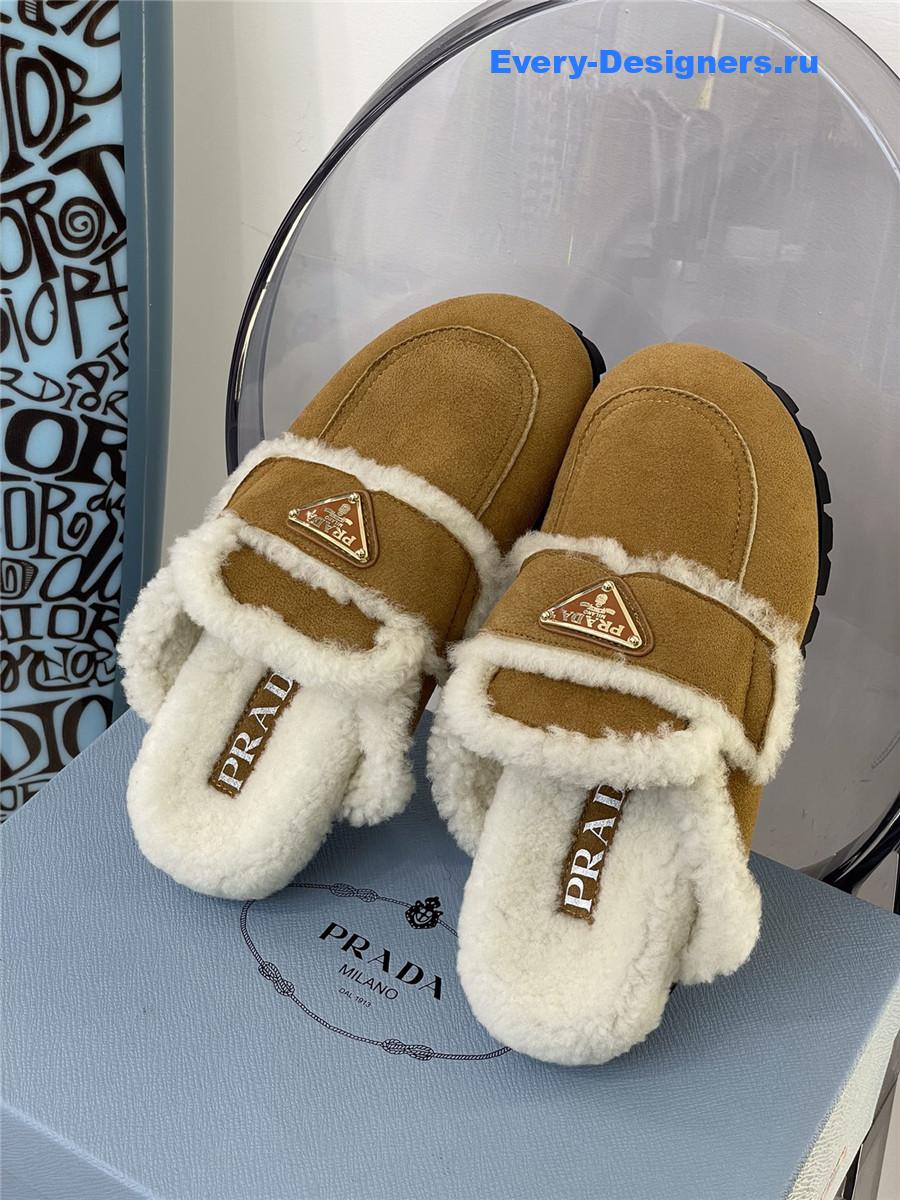 Pra*a brown flat shearling fur-lined mules