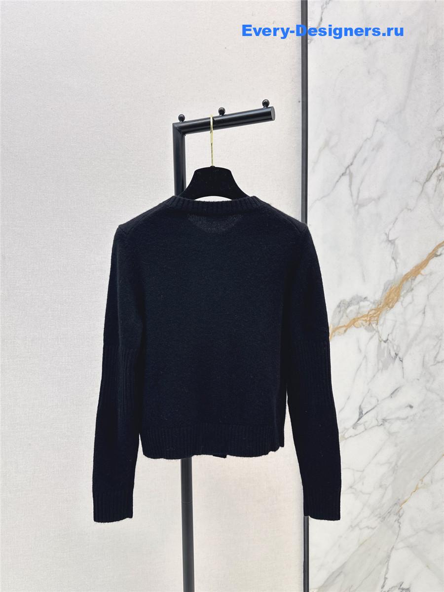 Ch**el logo button black crew neck knit cardigan