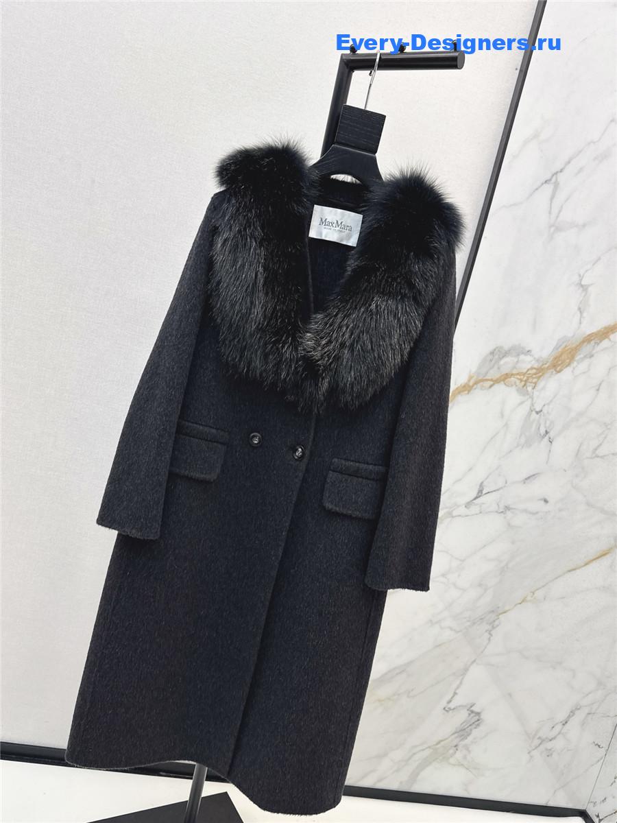 Max Mara Black Fox Fur Collar Long Coat