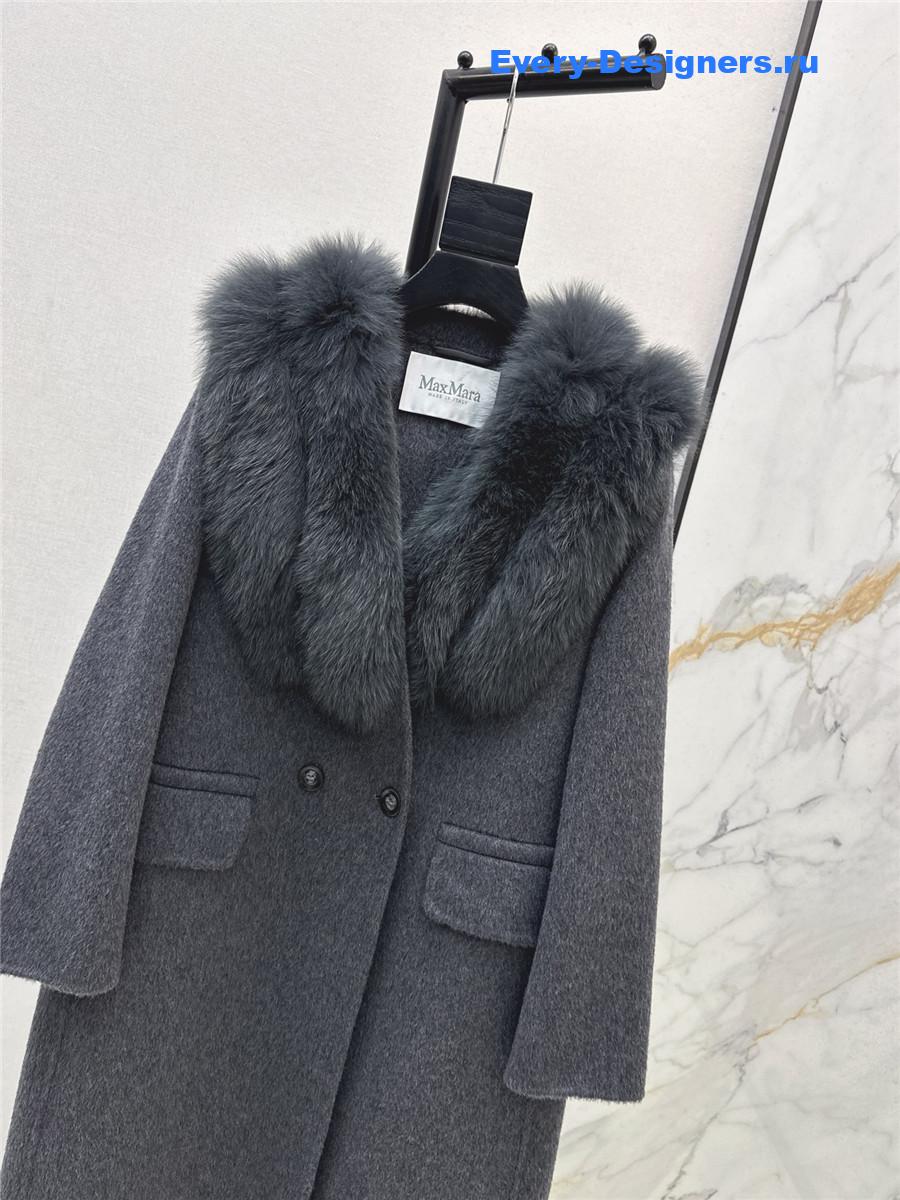 Max Mara Grey Fox Fur Collar Long Coat