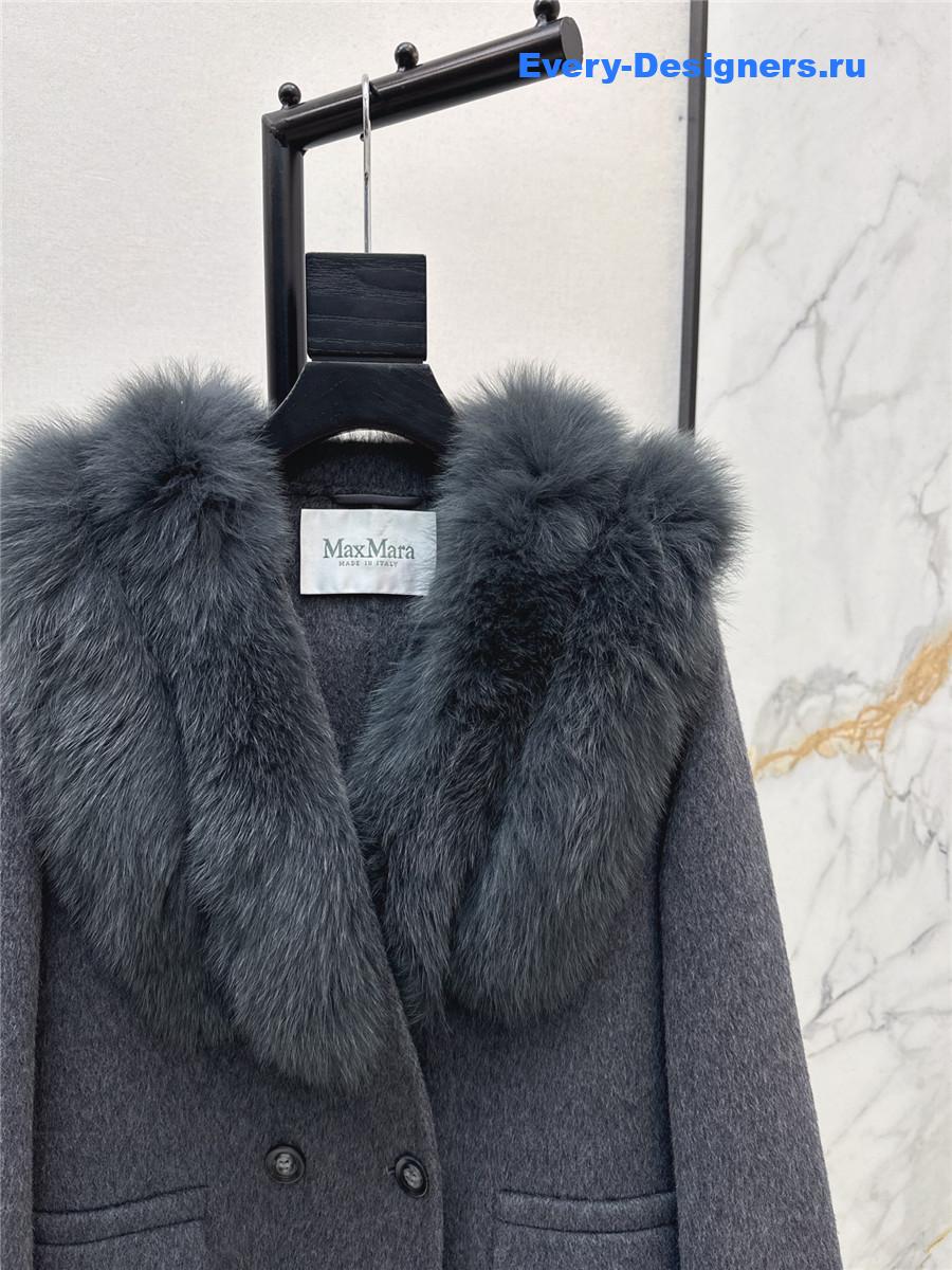 Max Mara Grey Fox Fur Collar Long Coat