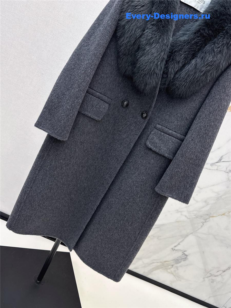 Max Mara Grey Fox Fur Collar Long Coat