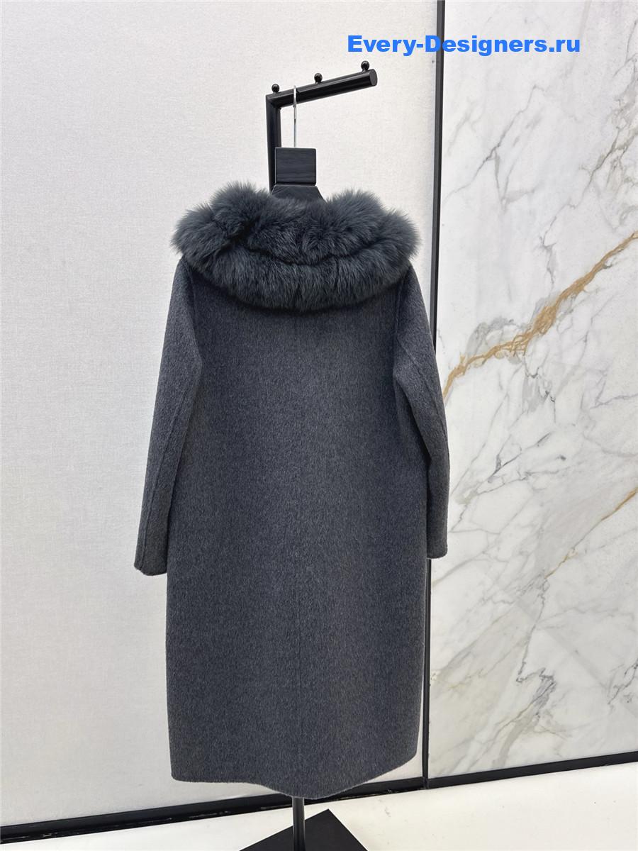 Max Mara Grey Fox Fur Collar Long Coat