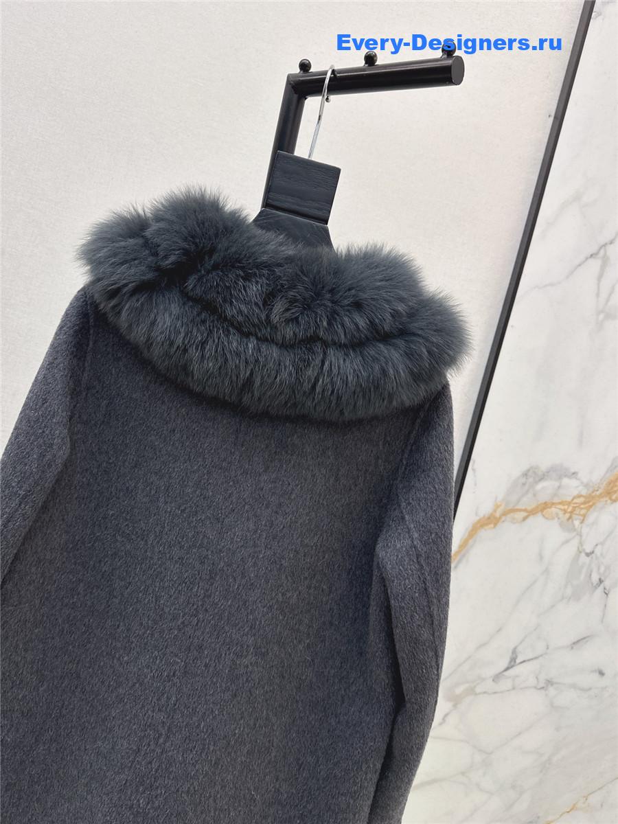 Max Mara Grey Fox Fur Collar Long Coat