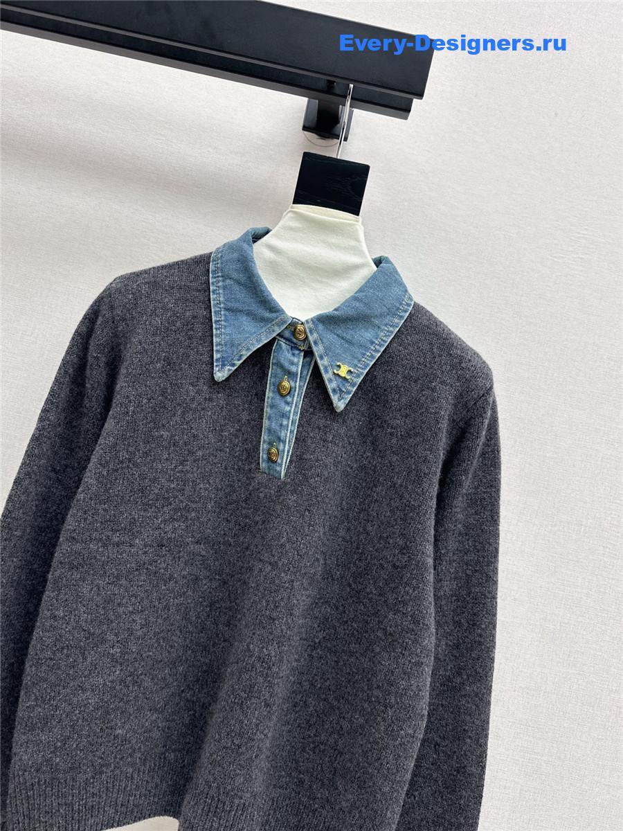 Ce1i*e wool denim-trim polo sweater