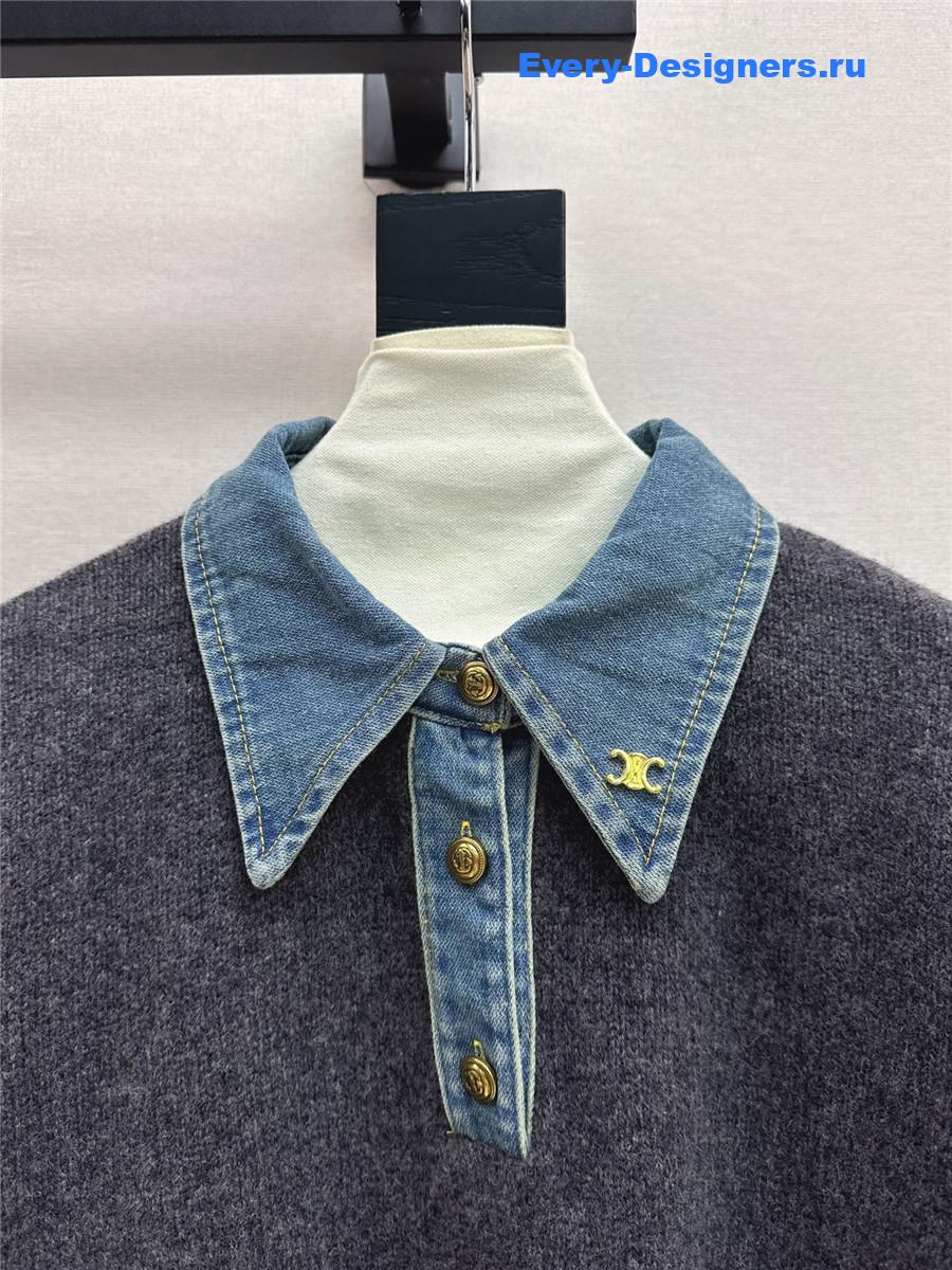 Ce1i*e wool denim-trim polo sweater
