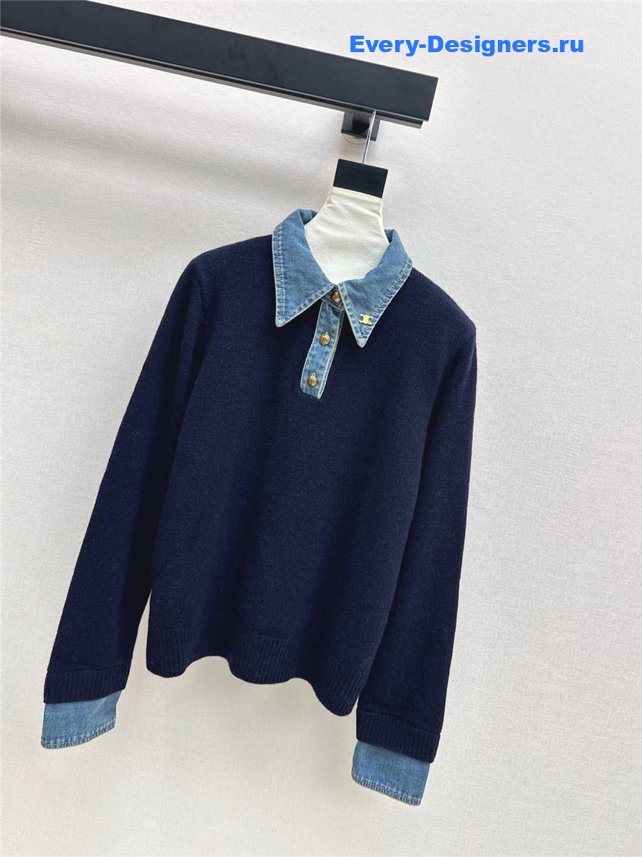 Ce1i*e navy wool denim-trim polo sweater