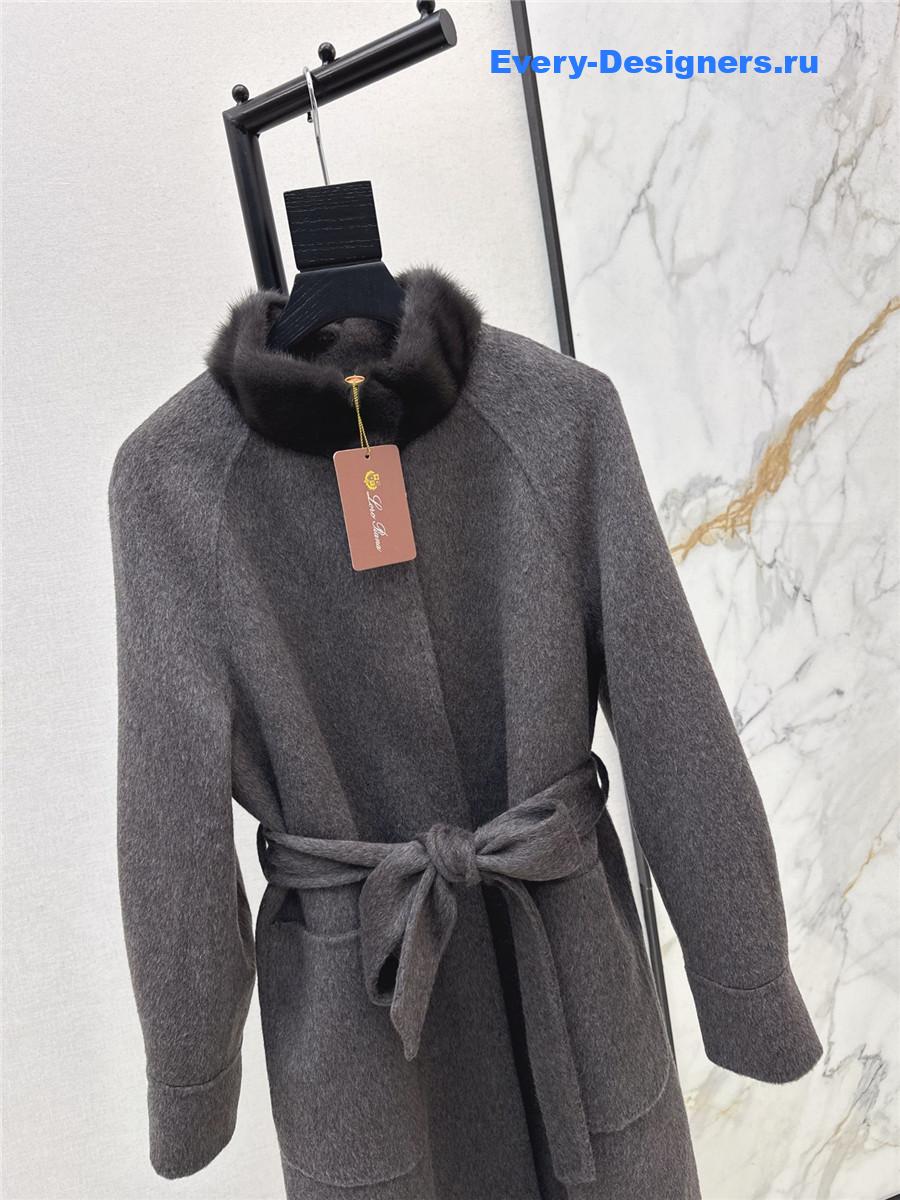 L0r0 P1ana grey mink stand collar long coat