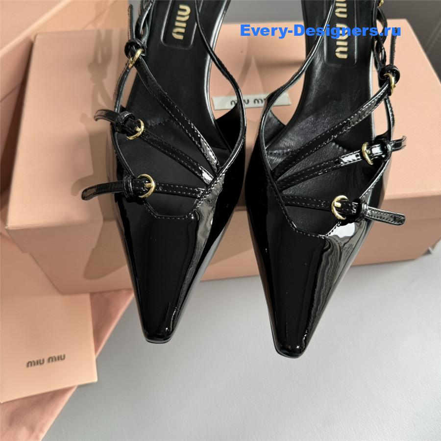 Miu Miu Black Patent Leather Buckles Slingbacks