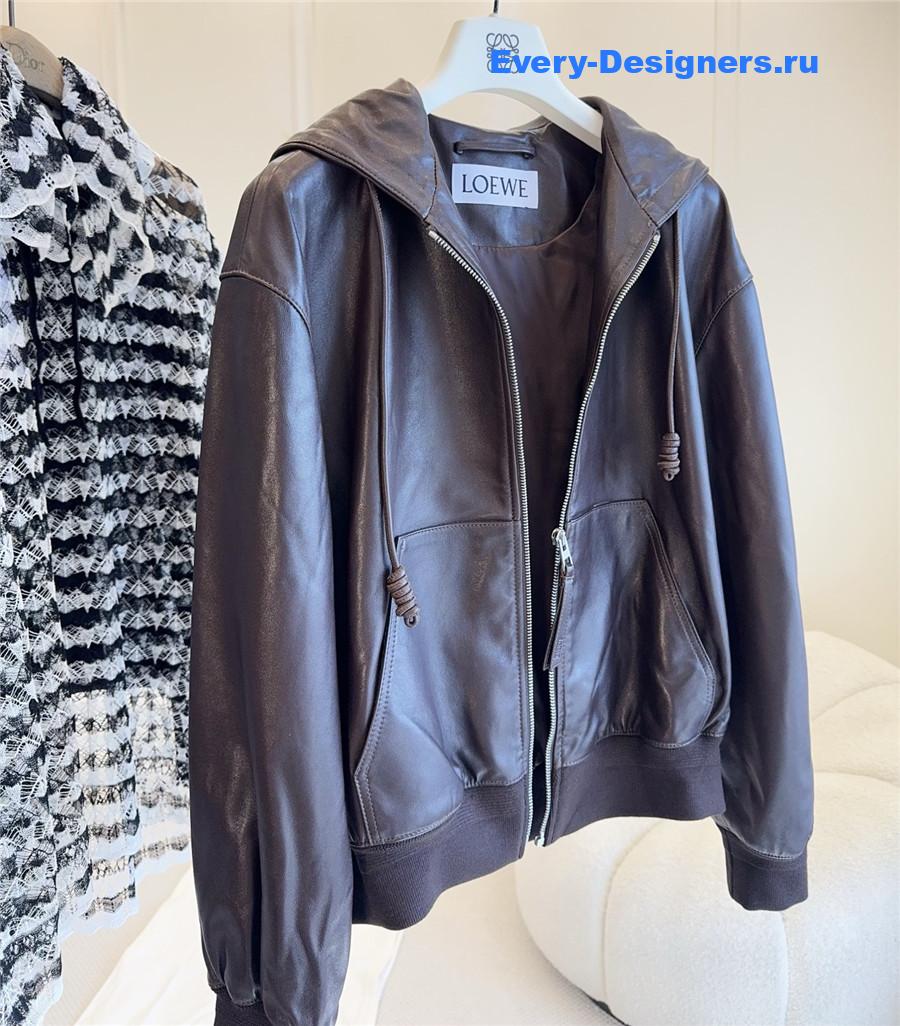 L0ew* brown flamenco hooded leather zip-up jacket