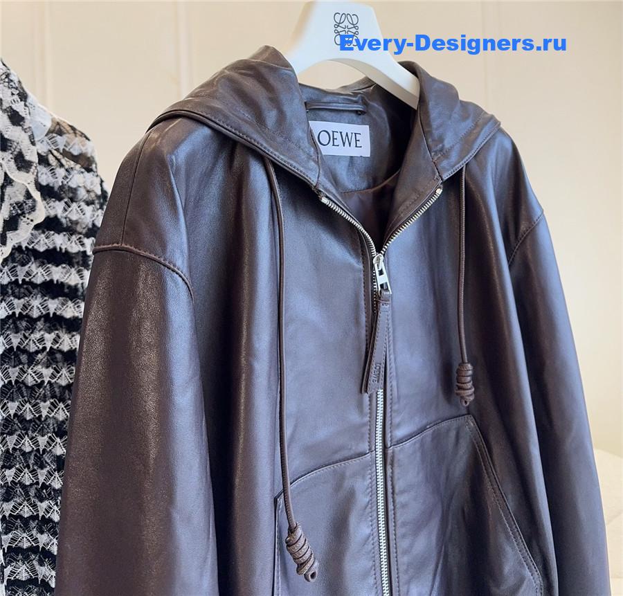 L0ew* brown flamenco hooded leather zip-up jacket