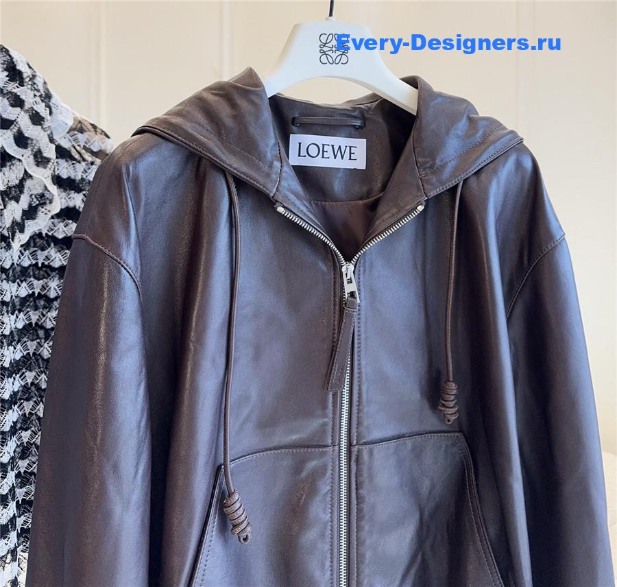 L0ew* brown flamenco hooded leather zip-up jacket