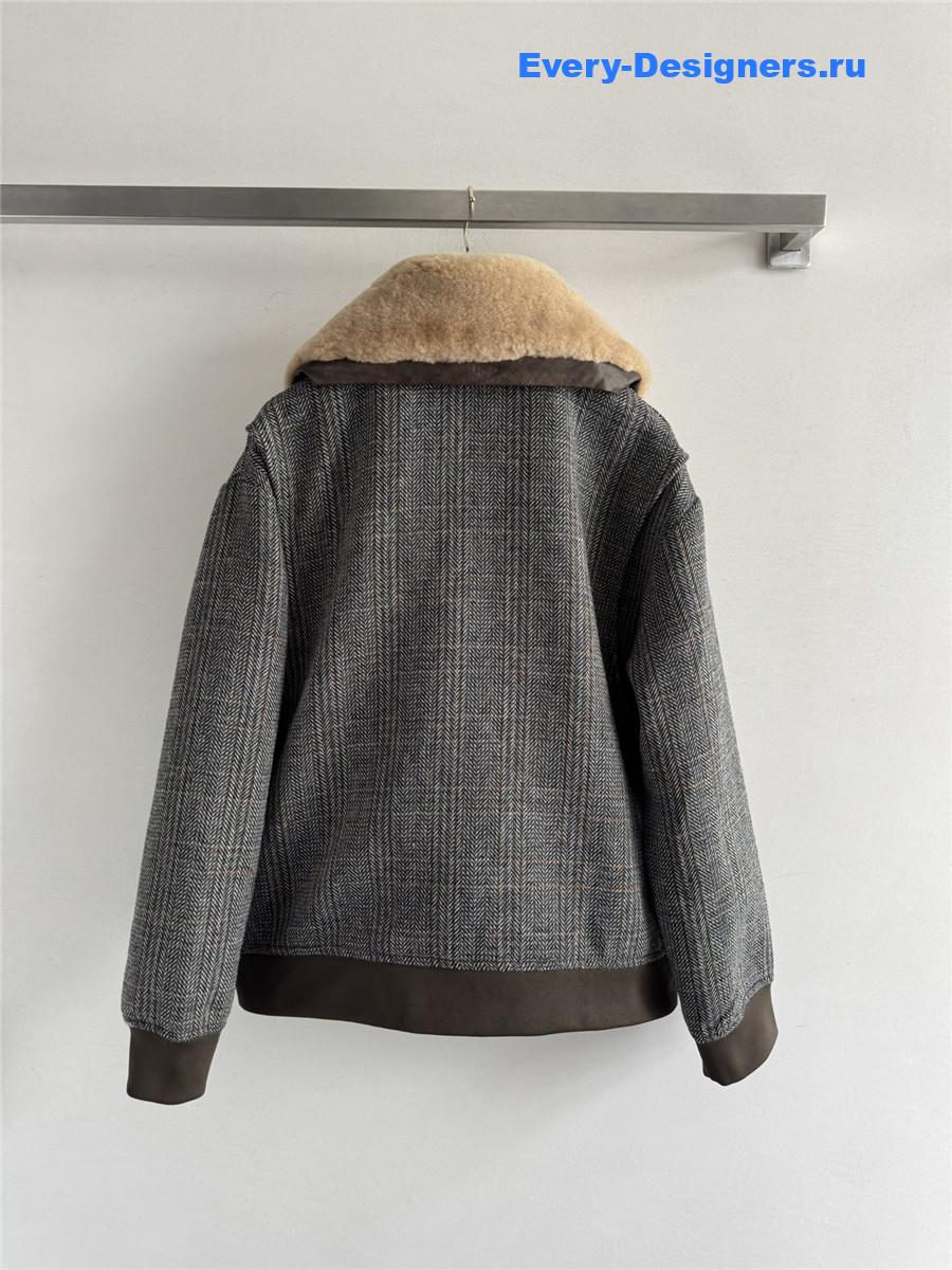 Miu Miu Shearling-Collar Wool Tweed Bomber Jacket
