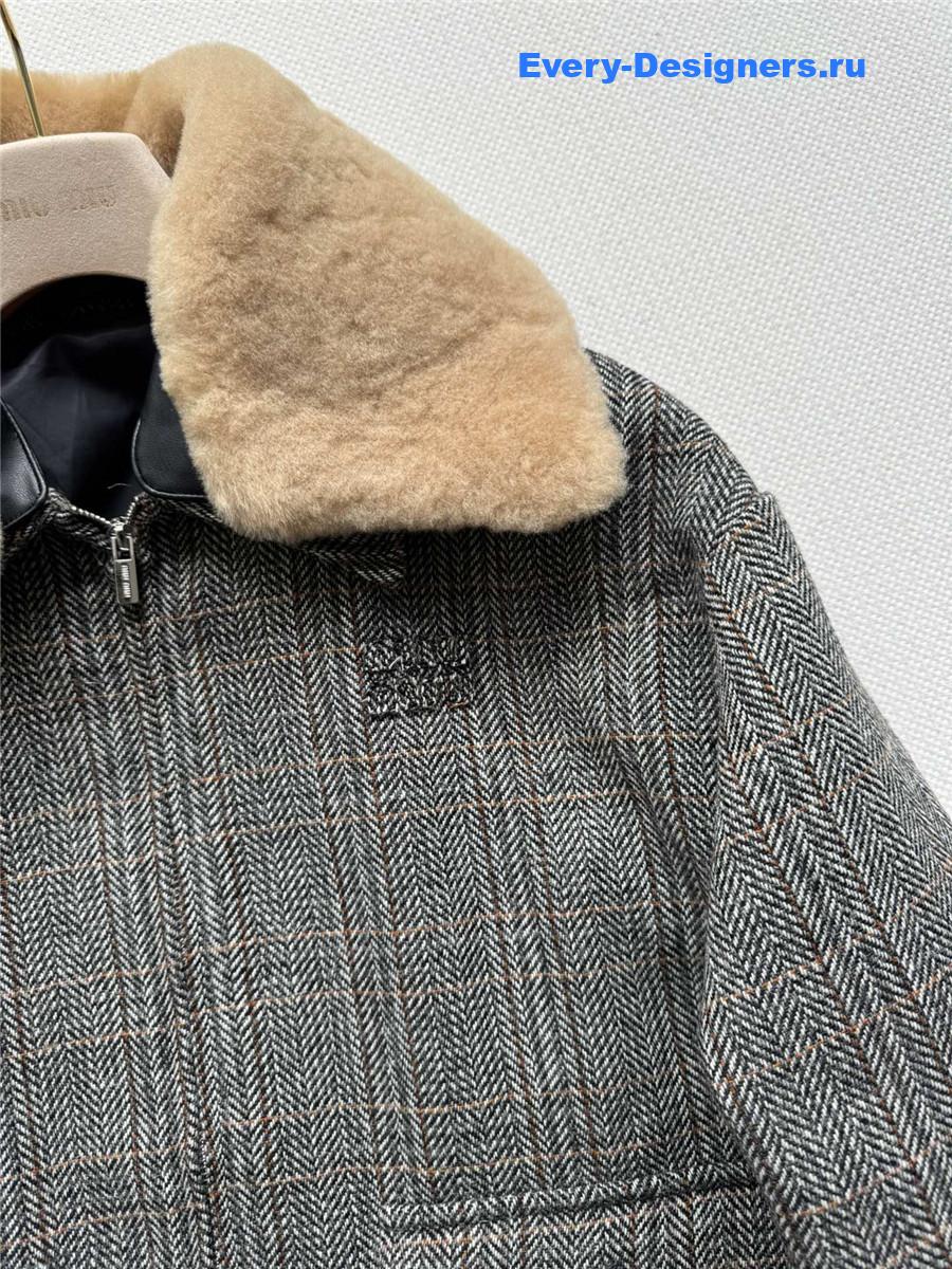 Miu Miu Shearling-Collar Wool Tweed Bomber Jacket
