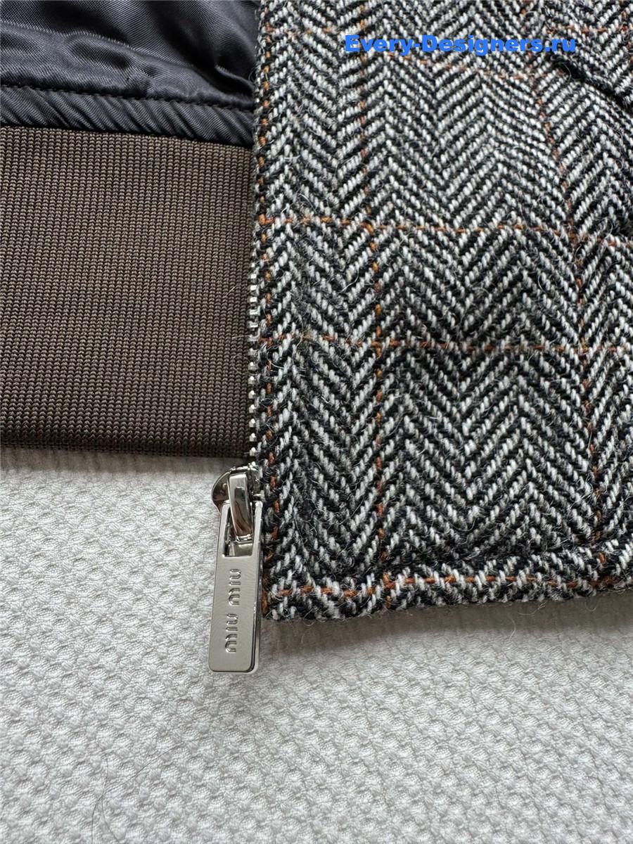 Miu Miu Shearling-Collar Wool Tweed Bomber Jacket