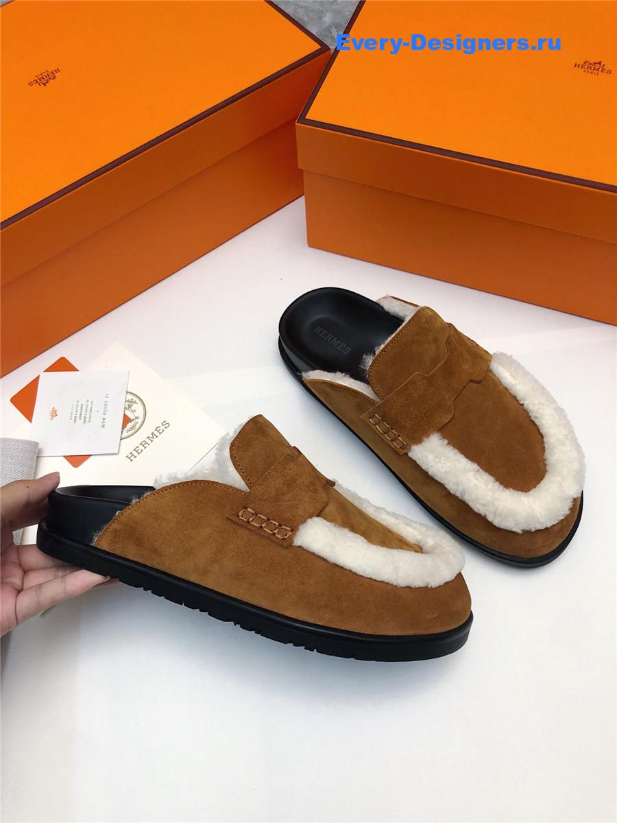 H**me5 brown suede goatskin shearling go mules