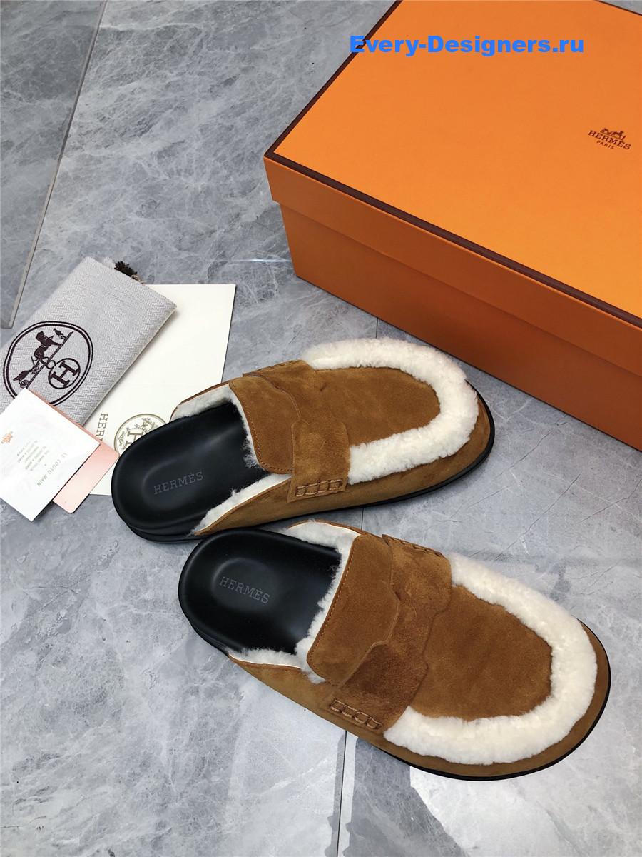 H**me5 brown suede goatskin shearling go mules