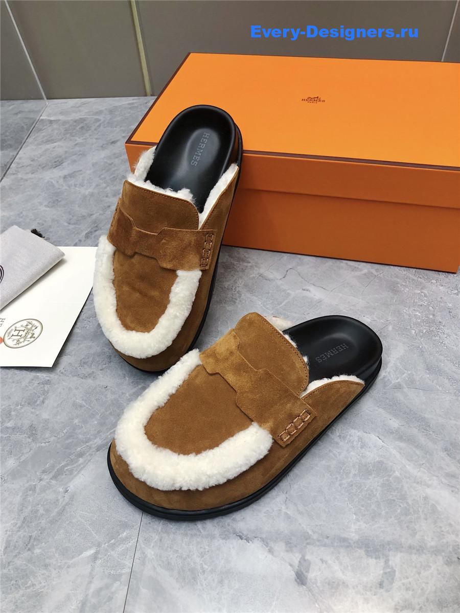 H**me5 brown suede goatskin shearling go mules