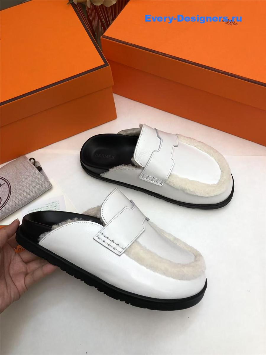 H**me5 white leather goatskin shearling go mules