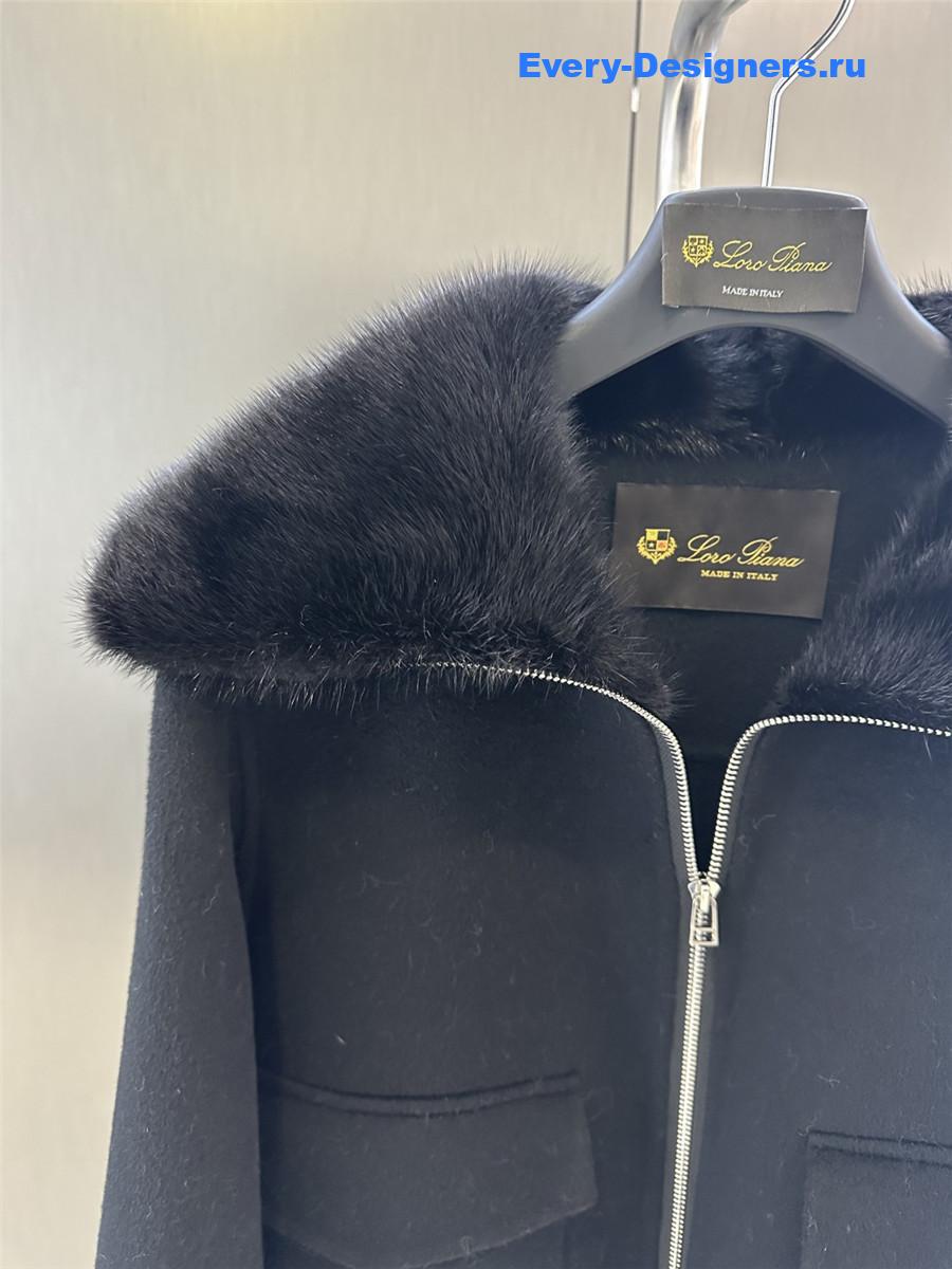 L0r0 P1ana lapel mink black cashmere zip-up jacket