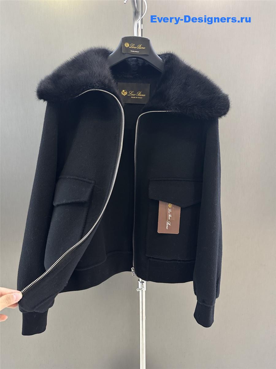 L0r0 P1ana lapel mink black cashmere zip-up jacket