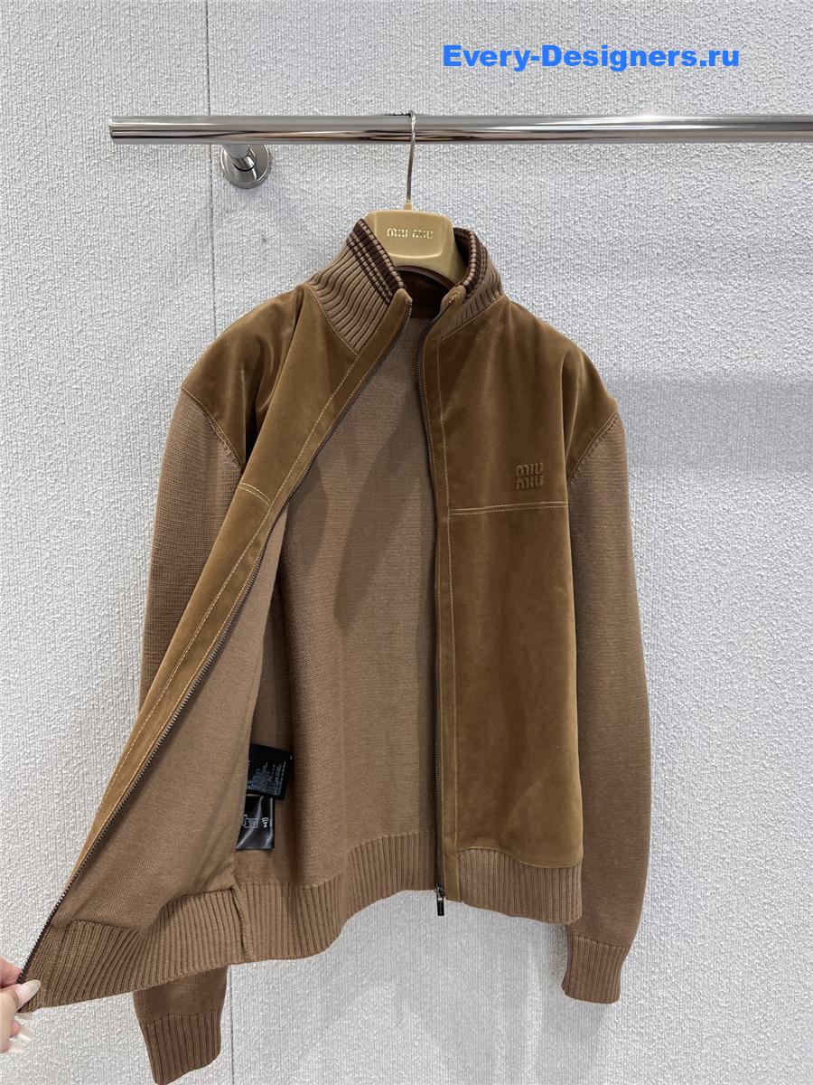 Miu Miu Brown Suede-insert Ribbed Cardigan Coat