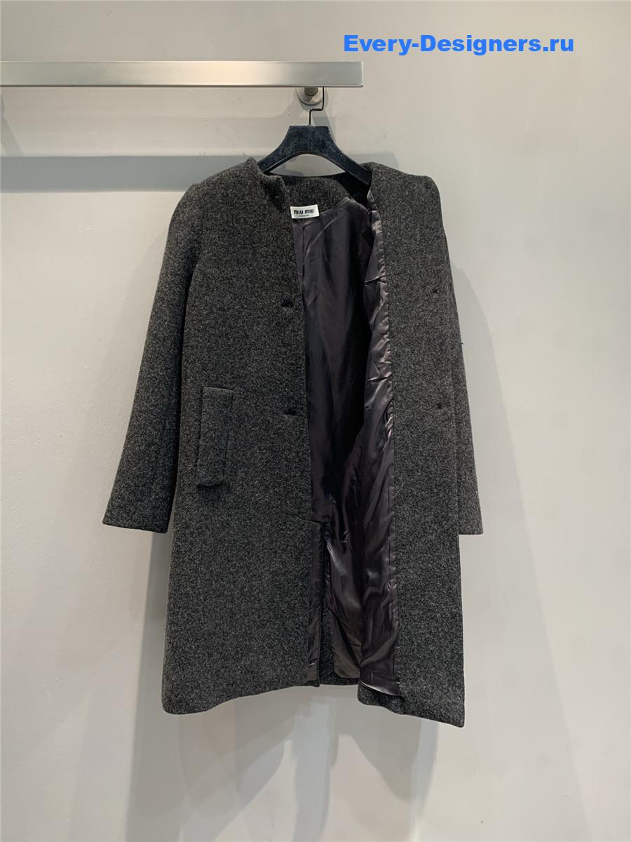 Miu Miu Dark Grey Wool Crew Neck Coat