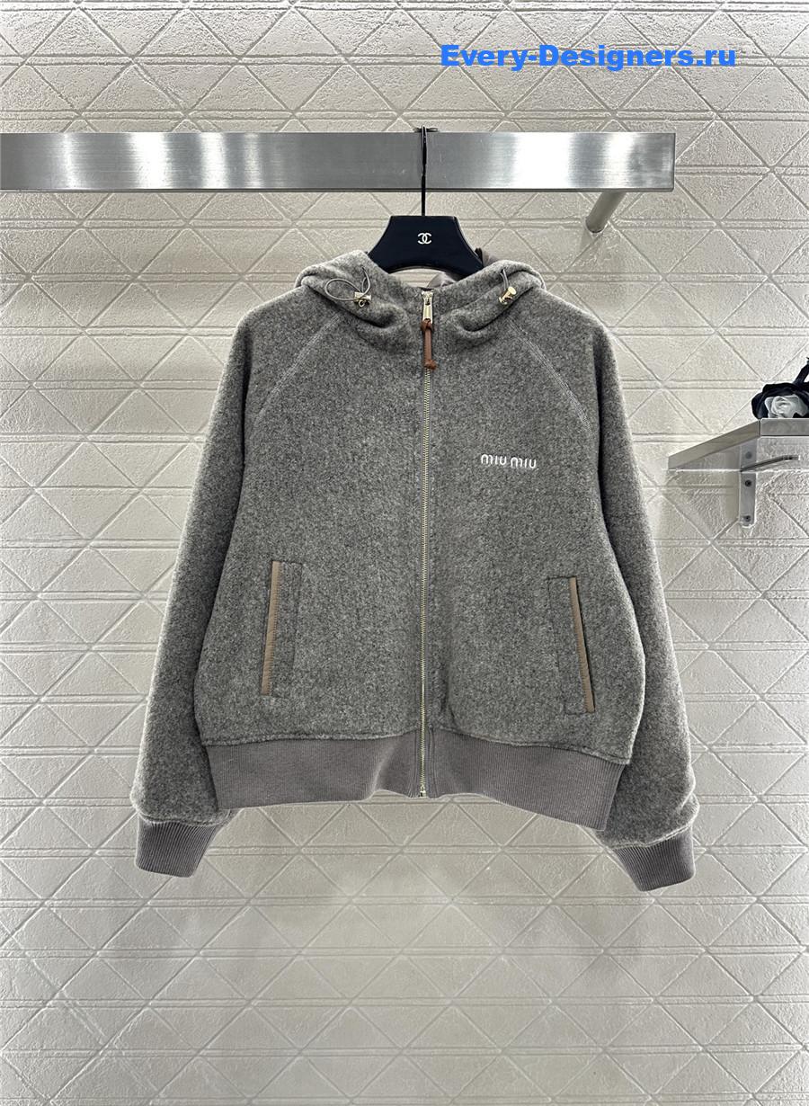 Miu Miu Grey Hooded Drawstring Lambswool Zip-up Jacket