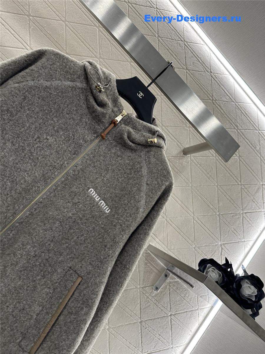Miu Miu Grey Hooded Drawstring Lambswool Zip-up Jacket
