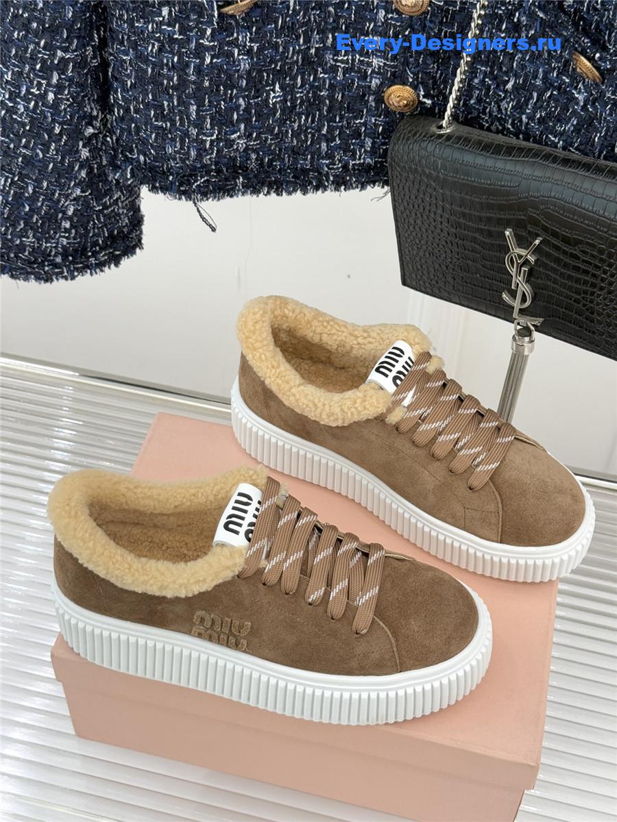 Miu Miu Desert Beige Suede And Shearling Sneakers