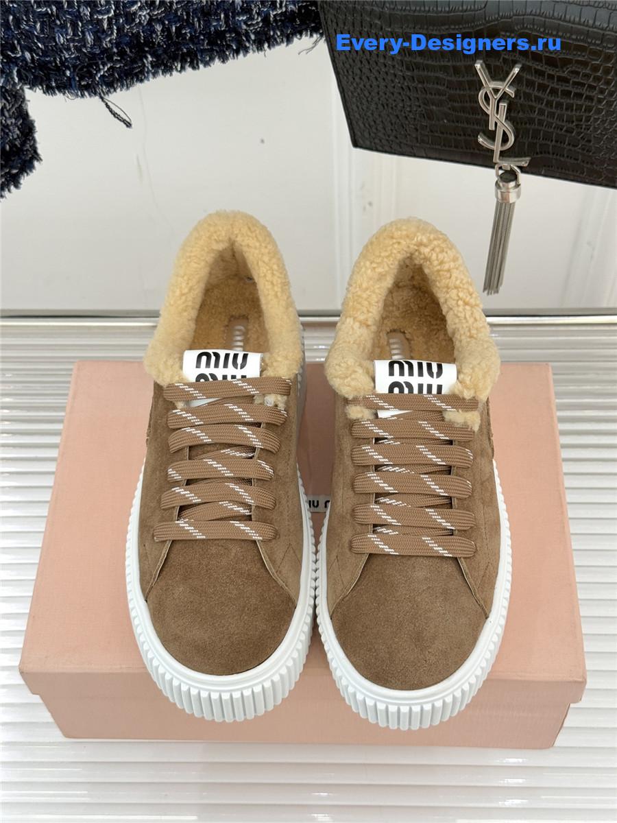 Miu Miu Desert Beige Suede And Shearling Sneakers
