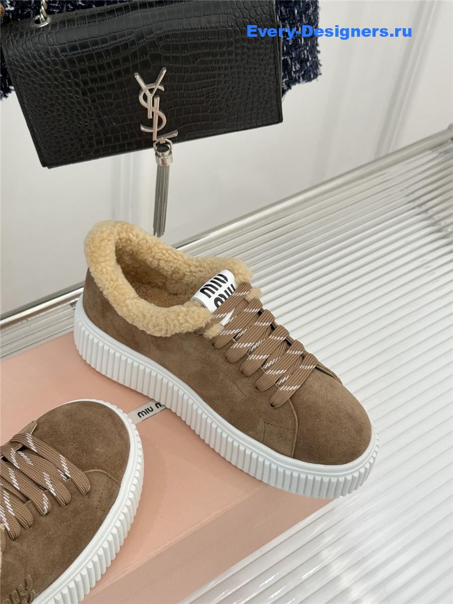 Miu Miu Desert Beige Suede And Shearling Sneakers
