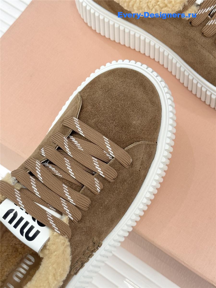 Miu Miu Desert Beige Suede And Shearling Sneakers