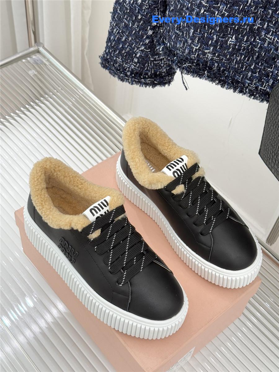 Miu Miu Black Leather And Shearling Sneakers