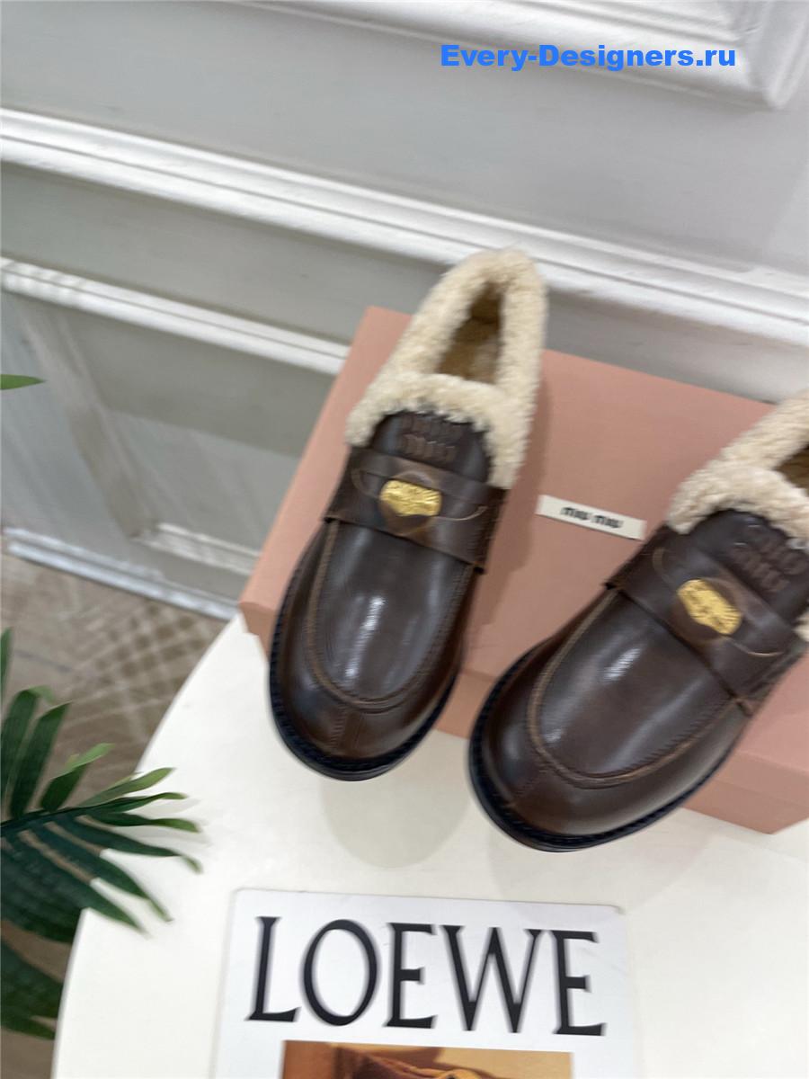 Miu Miu Ebony Bleached Leather Shearling Penny Loafers