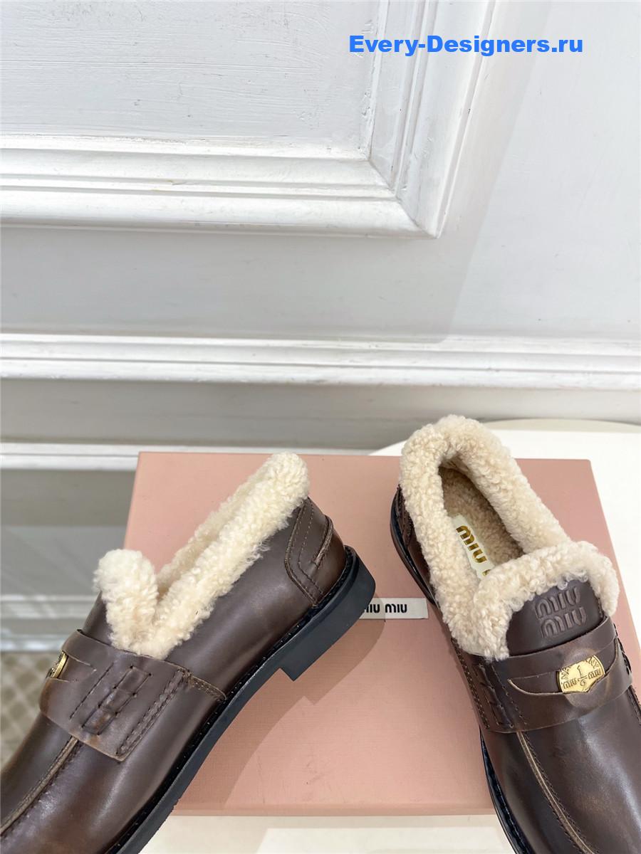 Miu Miu Ebony Bleached Leather Shearling Penny Loafers