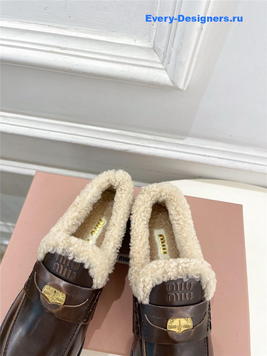Miu Miu Ebony Bleached Leather Shearling Penny Loafers
