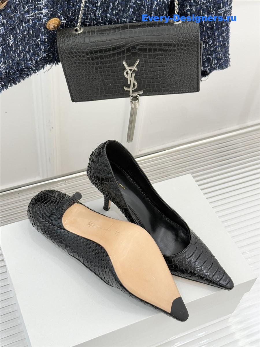 The R0w black liisa python almond kitten heel pump