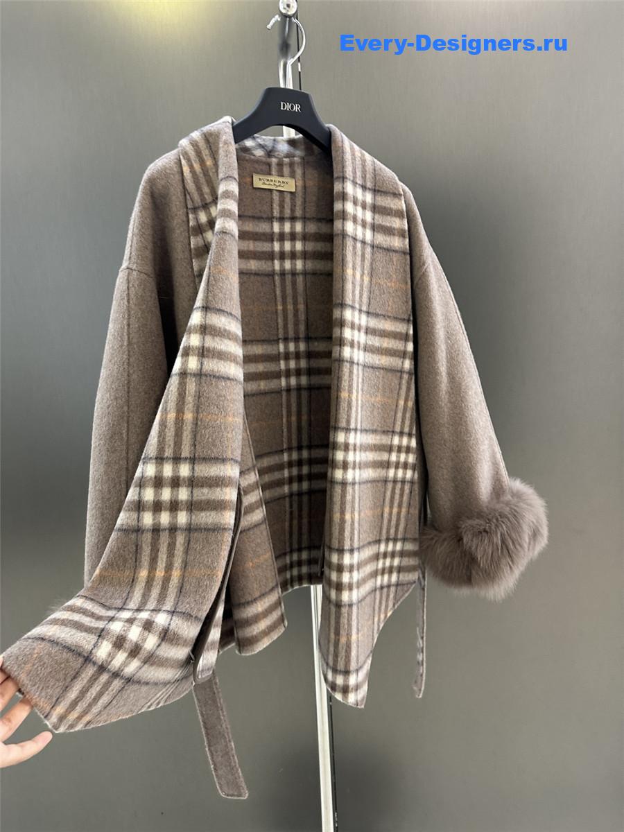Bv*b*rry classic fox fur check wool coat