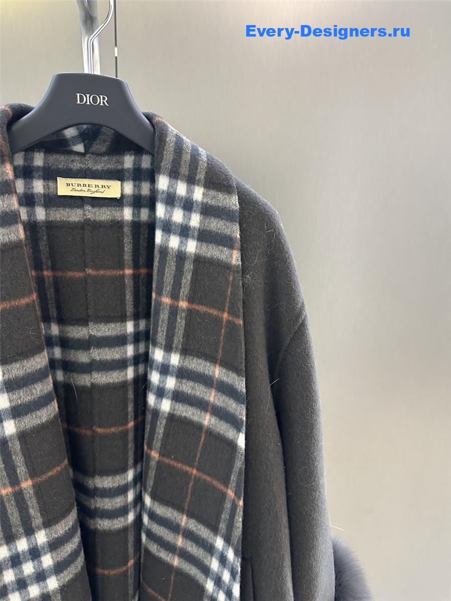 Bv*b*rry grey classic fox fur check wool coat