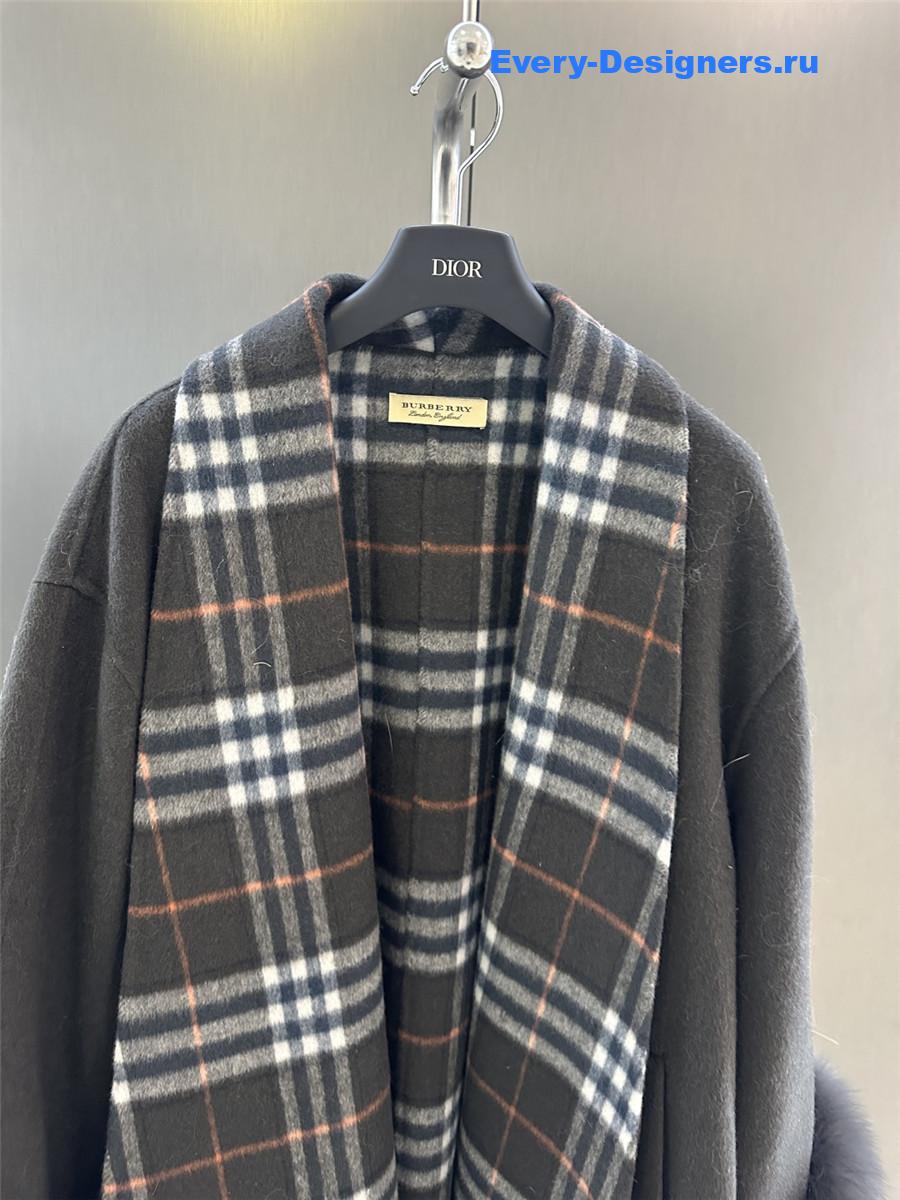 Bv*b*rry grey classic fox fur check wool coat