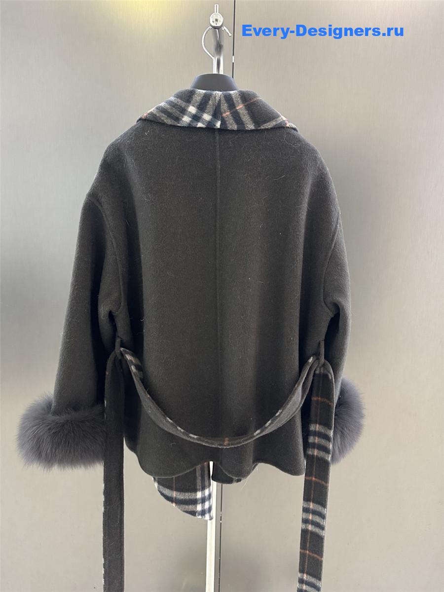 Bv*b*rry grey classic fox fur check wool coat