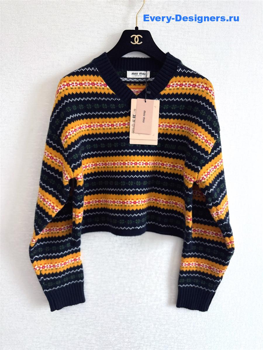 Miu Miu Yellow Striped Wool V-neck Sweater