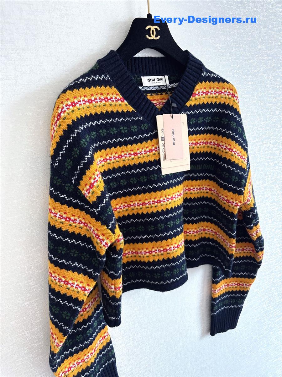Miu Miu Yellow Striped Wool V-neck Sweater
